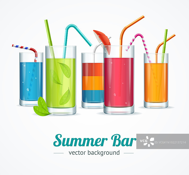 夏日酒吧和鸡尾酒眼镜概念卡海报。向量图片素材