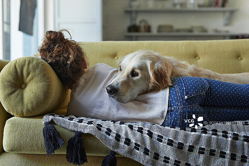女孩和她的金毛猎犬睡在沙发上图片素材