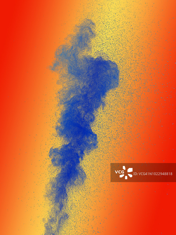 由一团浅蓝色粉末颗粒在橘色背景上撞击而成的爆炸。图片素材