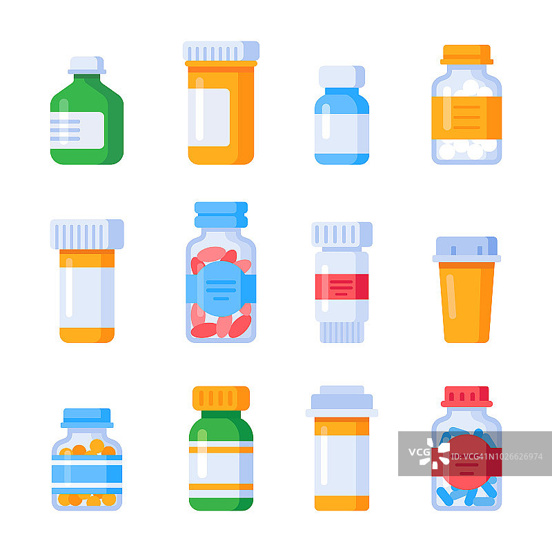 平的药瓶。带处方标签的维生素瓶，药丸容器或维生素和矿物质药丸分离载体集图片素材