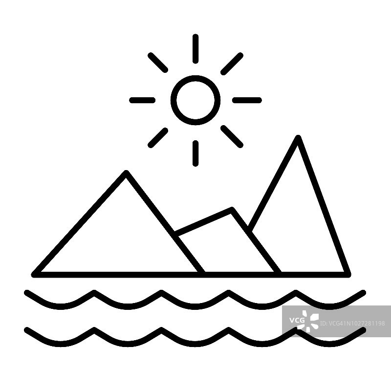 山与海与太阳细线的图标。自然矢量插图孤立在白色。山地景观轮廓风格设计，专为网页和应用设计。Eps 10。图片素材
