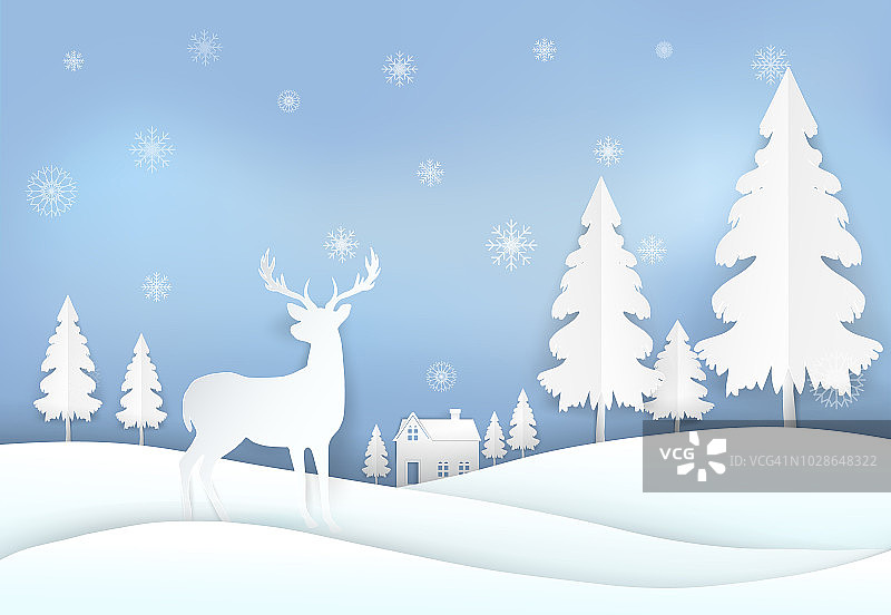 乡间的鹿和雪花。圣诞背景纸艺术风格插图。图片素材