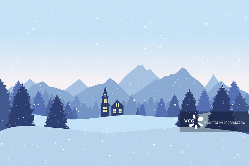带有冬季风景的圣诞明信片。松树、山峦、小山和林中小屋。圣诞节的背景图片素材