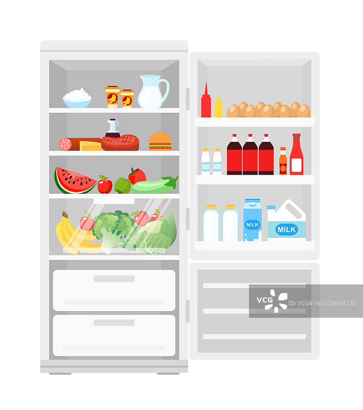 矢量插图的现代打开冰箱满食物。冰箱里的很多产品，水果和蔬菜，牛奶和鸡蛋，健康食品的扁平风格。图片素材