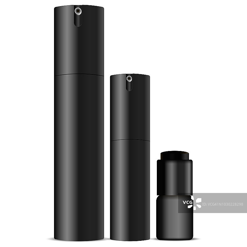 黑色气溶胶瓶EPS10矢量插图孤立在白色背景。化妆品喷雾可以定型。分配器容器香体露，香水，霜，眼轮廓。图片素材