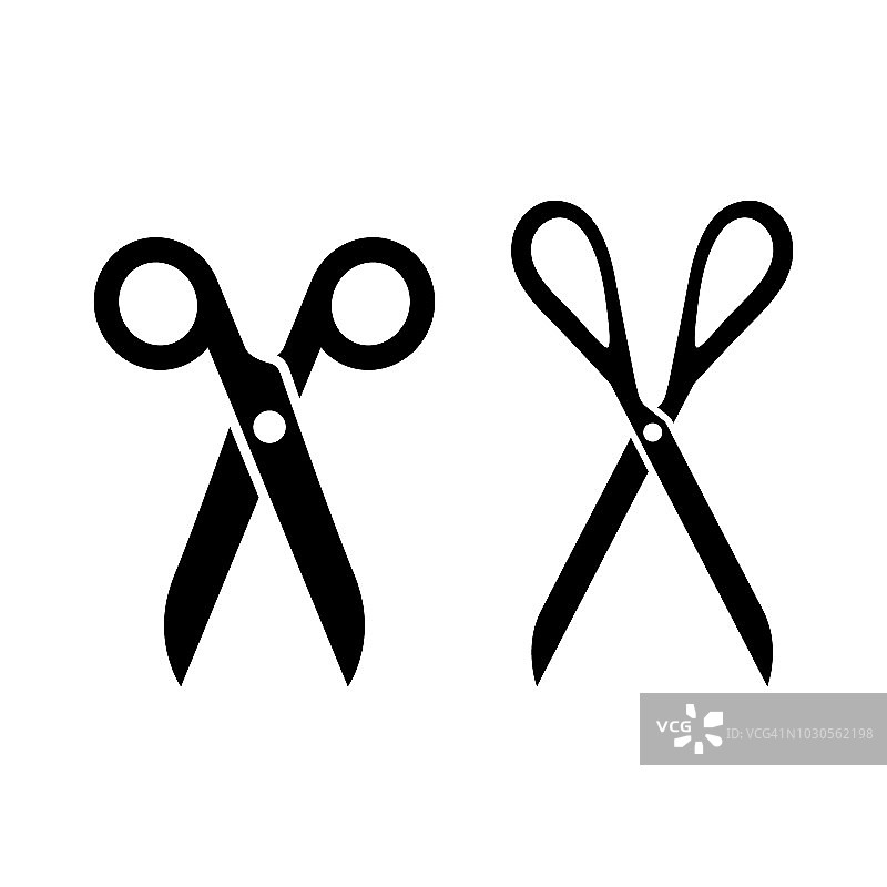黑色孤立剪刀符号。开放理发师或缝纫剪刀图标集。图片素材