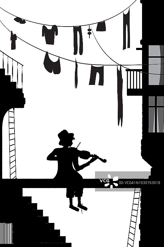 梦想家，男孩坐在城市房子附近，拉着小提琴，梦想着图片素材