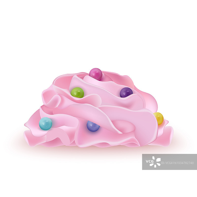 鲜嫩的粉色奶油，可用于冰淇淋、酸奶、纸杯蛋糕、彩绘逼真的珍珠蛋糕。详细的3d孤立在白色。网页或印刷包装的设计元素。向量图片素材