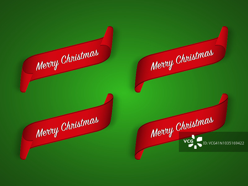 一套四个现代红色圣诞丝带在绿色背景，圣诞快乐矢量插图图片素材