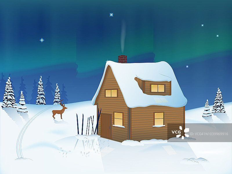 冬季山夜景观。木屋和雪中滑雪。北欧化工。松树间的鹿图片素材