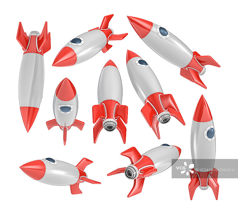 许多老式太空火箭的3d渲染随机放置在白色背景上。图片素材