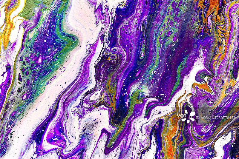 抽象色彩的背景纹理流体艺术丙烯酸颜料。紫色、紫色、绿色和橙色图片素材
