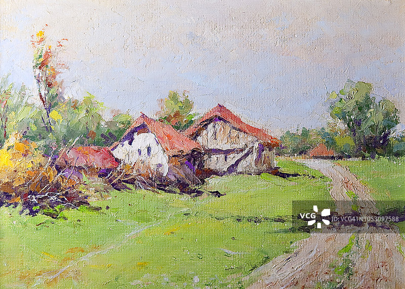 油画-乡村道路和房屋图片素材