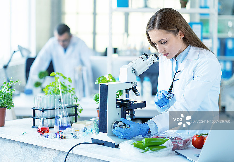 实验室里抱着一株植物的女性生物学家图片素材