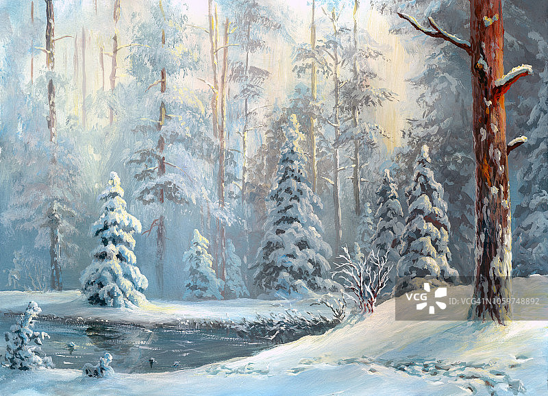 油画冬日森林图片素材