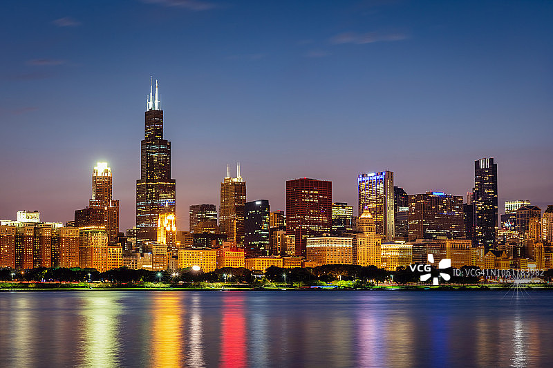 芝加哥密歇根湖夜景图片素材