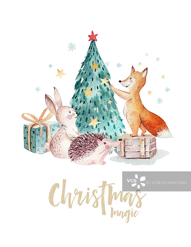 水彩金色圣诞快乐插图雪人，圣诞树，节日可爱的动物狐狸，兔子和刺猬。庆祝圣诞卡片。冬季新年设计。图片素材