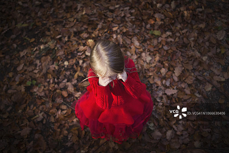 高视角的一个孩子穿着红色的裙子，双手抱头，站在秋天的落叶中图片素材