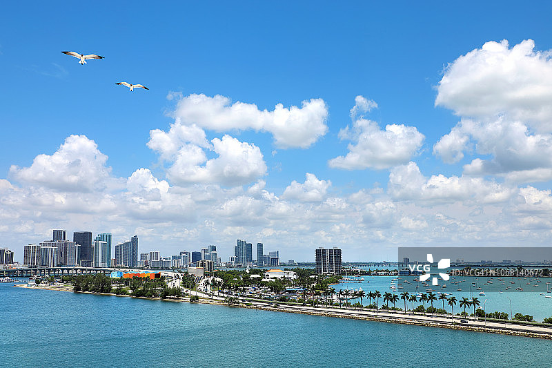 迈阿密市区的天际线和迈阿密湾的船只在多云的蓝天和海鸥图片素材
