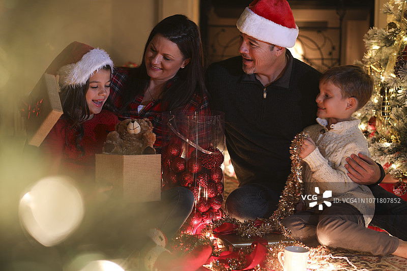 圣诞节期间，一家人在树旁打开礼物。图片素材