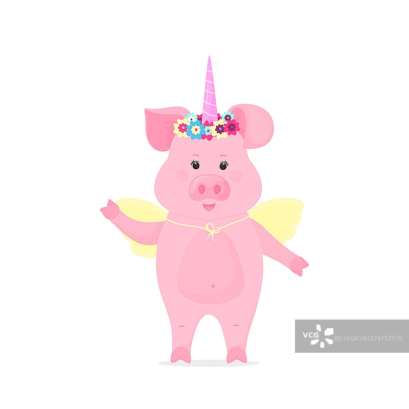 可爱的猪穿着童话中的独角兽服装，有角，有花环和翅膀。有趣的动物。图片素材