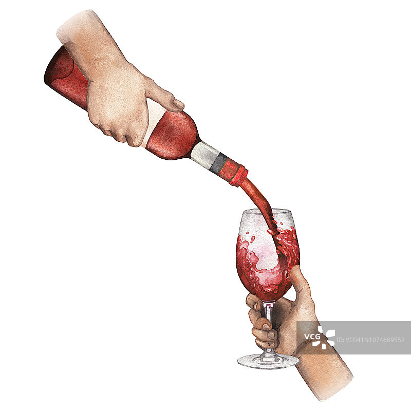 水彩手把红酒从瓶子倒进玻璃杯。图片素材