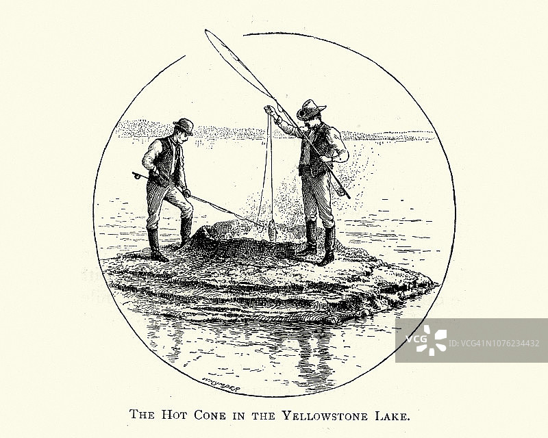 钓鱼，黄石湖的热锥，19世纪图片素材