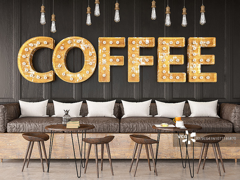 黑砖墙上的灯泡咖啡店招牌图片素材