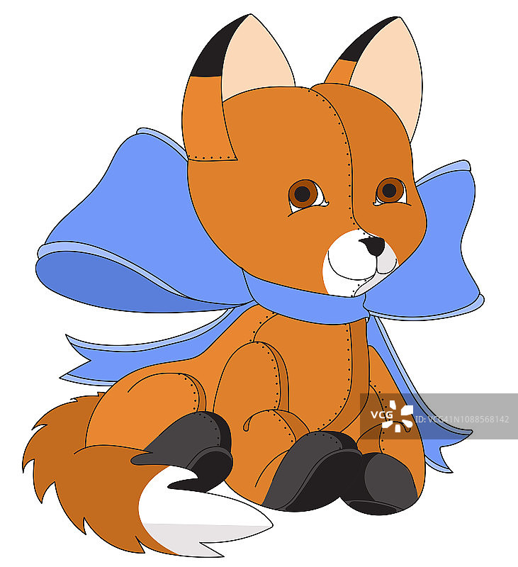 填充狐狸玩具与一个蓝色的弓对白色的背景图片素材