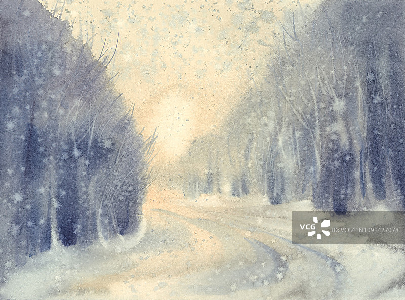 冬季雪路水彩背景。森林景观图片素材