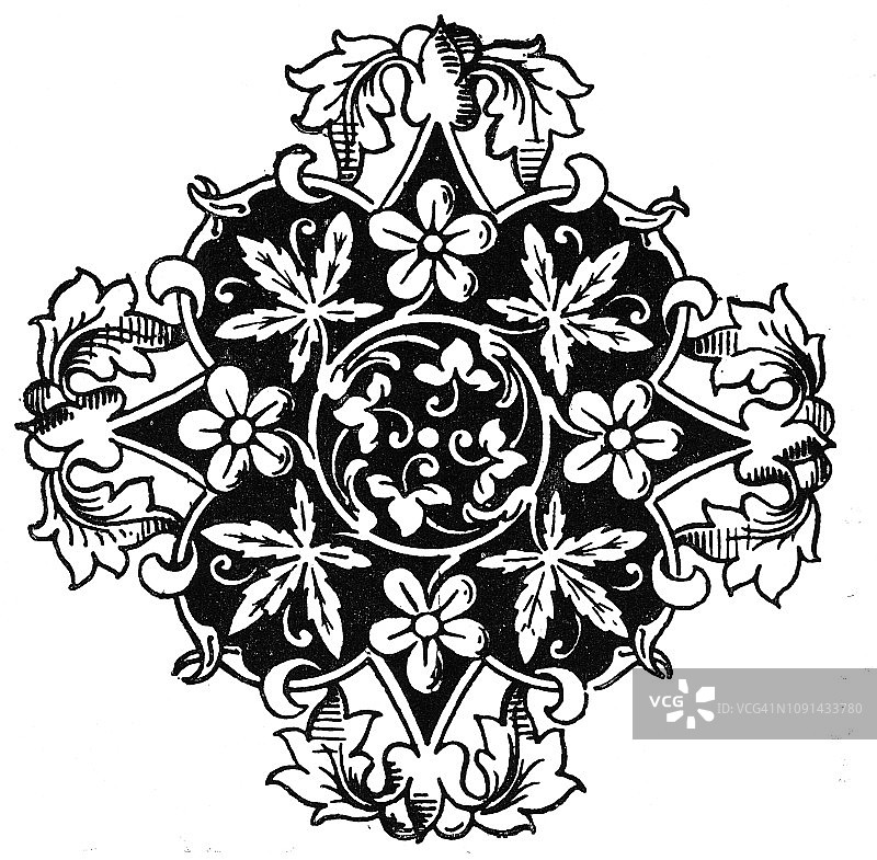 维多利亚时代的黑白页装饰雕刻一个十字形状的花和叶子的设计;19世纪页面装饰;1892年英语了图片素材