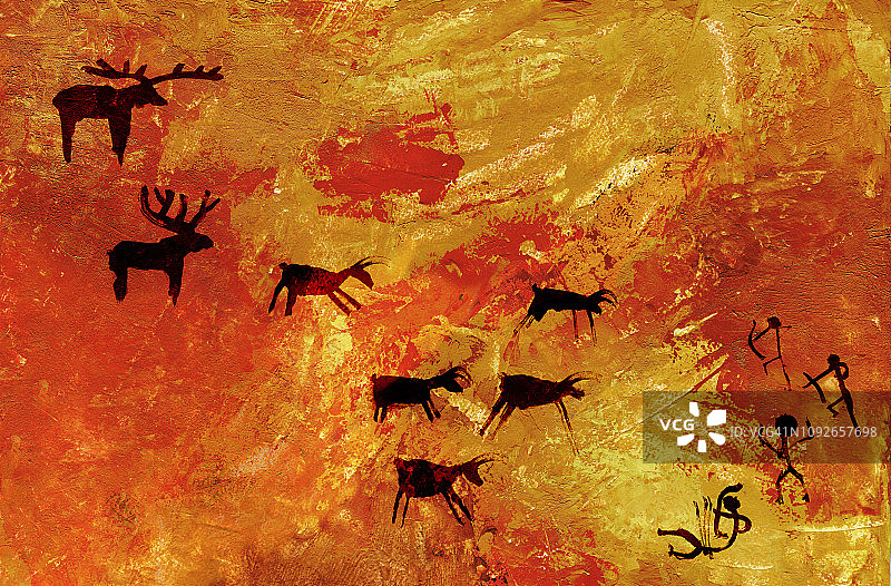 一群原始人猎取一群有蹄的鹿和驼鹿。岩洞艺术的风格化。图片素材