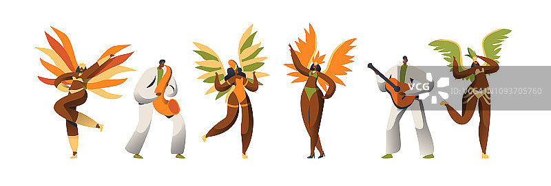 巴西狂欢节舞者角色集。女子舞蹈在异国情调的羽毛服装在里约热内卢de里约热内卢快乐的节日庆祝活动。人弹吉他。拉丁美洲人游行平坦卡通矢量插图图片素材