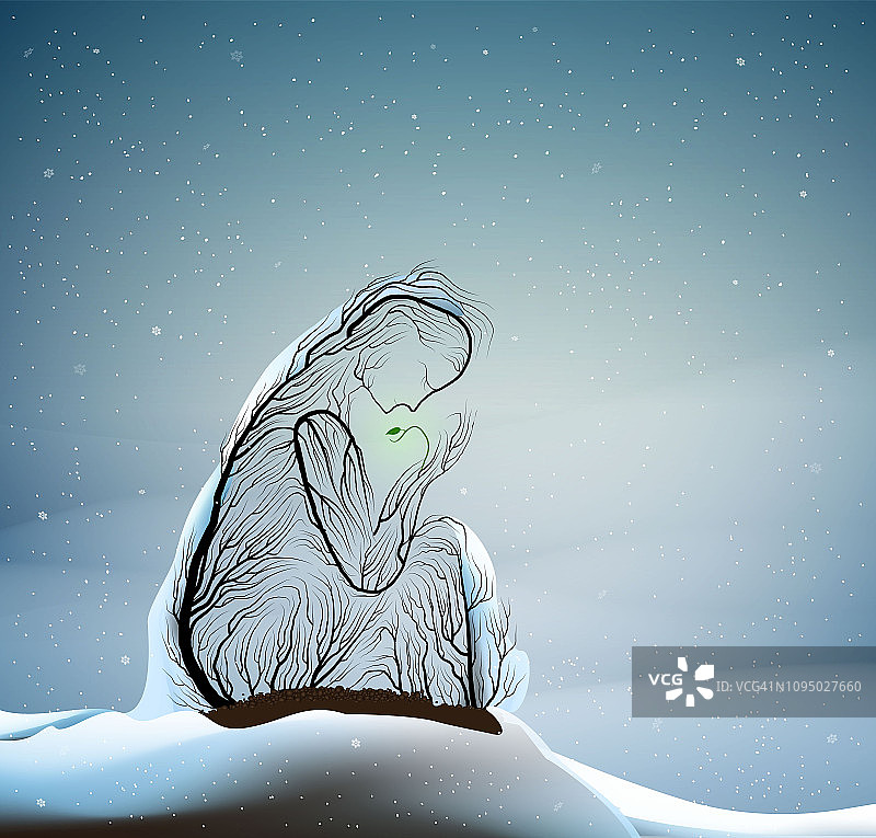 树的剪影像一个抱着绿芽的女人，在寒冷的冬天的天气里首先发芽，树活着的想法，向量图片素材
