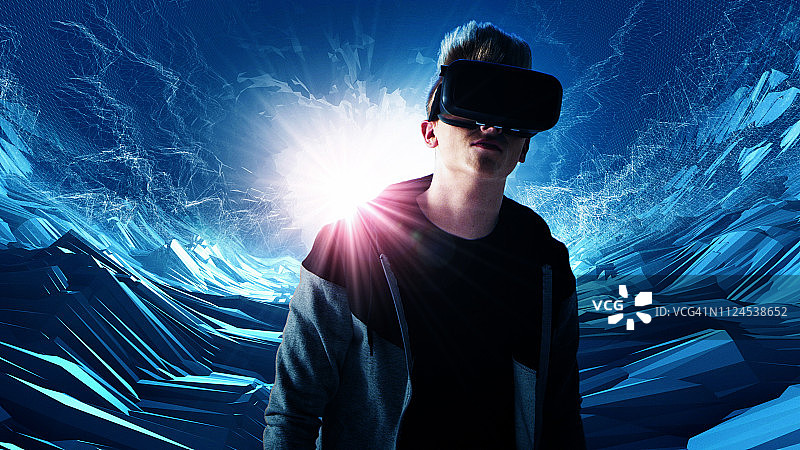 人类探索虚拟现实。VR耳机。宇宙隧道图片素材