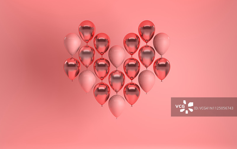 三维渲染插图的现实玫瑰金光泽气球在粉红色的背景，心形。情人节浪漫优雅的2月14日卡片。派对，社交媒体宣传横幅，海报。图片素材