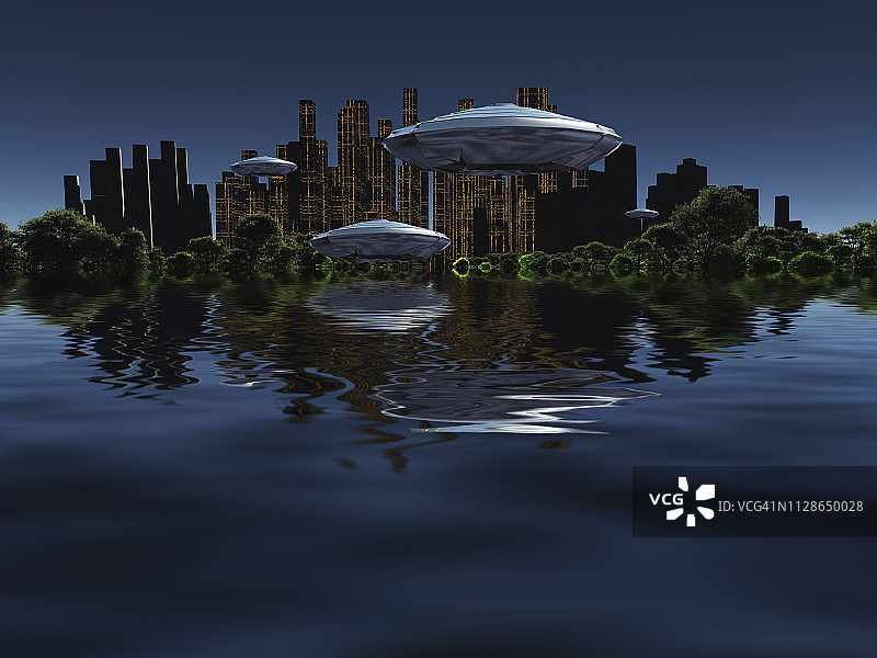 Exosolar星球。未来的城市被海洋中的绿色森林所包围。宇宙飞船在天空中图片素材