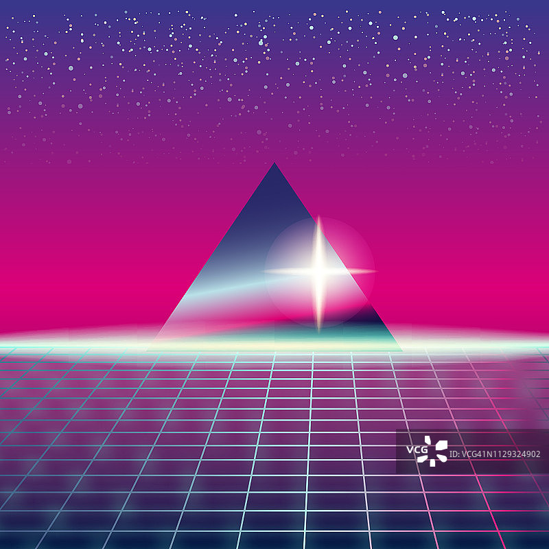 合成波复古的未来主义景观金字塔和风格的激光网格。霓虹复古设计和元素80年代90年代的科幻空间。矢量插图模板孤立的背景图片素材