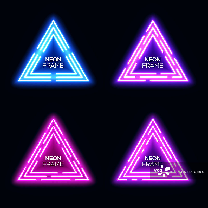 蓝色，紫色，粉红色，霓虹灯三角形集合。闪亮的技术框架集合。夜总会的3d横幅在深蓝色的背景。霓虹灯抽象技术背景与辉光。技术的矢量插图。图片素材