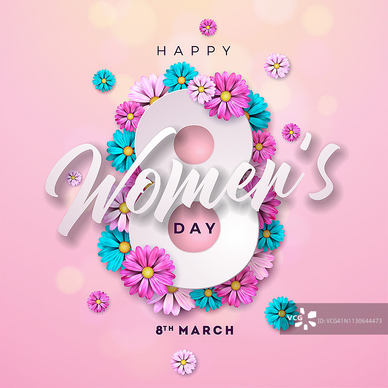 3月8日。妇女节快乐鲜花贺卡。国际节日插图与花卉设计在粉红色的背景。矢量春庆祝模板。图片素材
