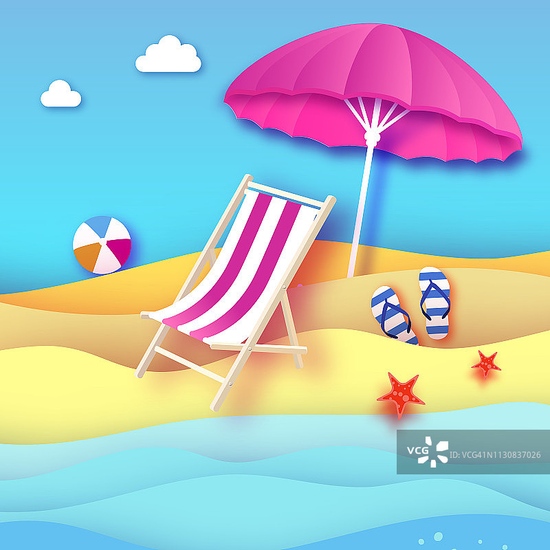 剪纸风格的粉红色阳伞。粉红色的躺椅。折纸的大海和海滩。运动球游戏。人字拖的鞋子。海星。度假和旅行的概念。图片素材