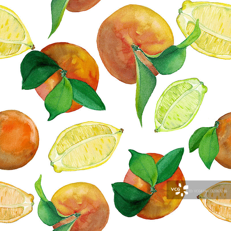 水彩无缝图案的新鲜柑橘类水果-柠檬和橙子。带叶子的水果，从中间切开。图片素材