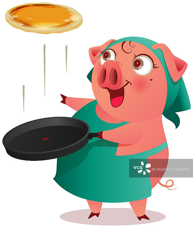 带围裙的猪女在平底锅里做煎饼图片素材