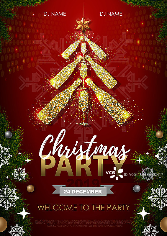 有金色香槟杯的圣诞派对海报。红色背景上的金色圣诞树图片素材