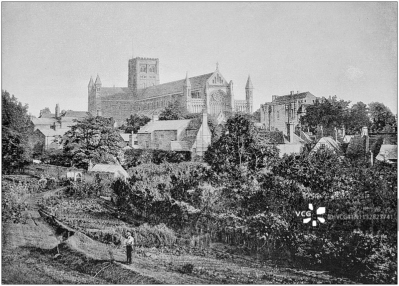 英格兰和威尔士的古老黑白照片:圣奥尔班大教堂图片素材