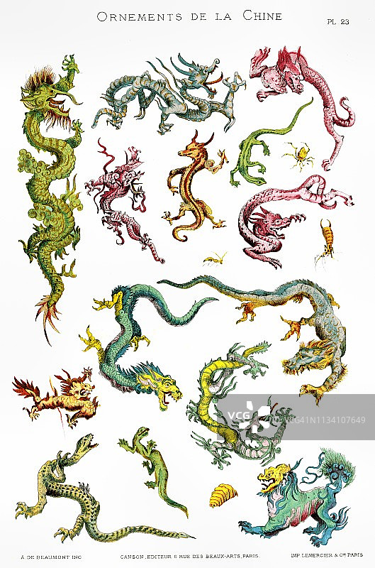 用于装饰瓷、布等的龙，源自中国装饰品1883年图片素材