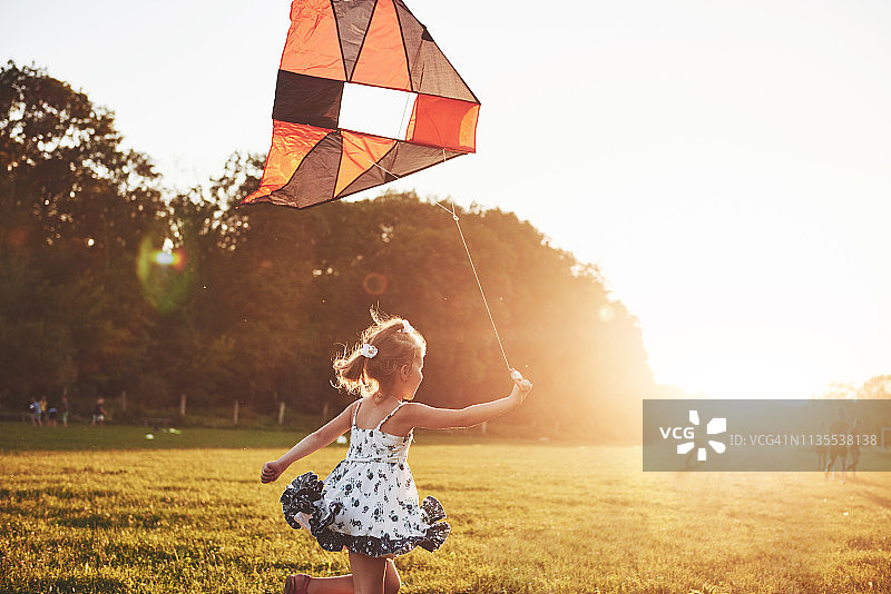 可爱的长头发小女孩拿着风筝在夏日阳光明媚的田野里奔跑图片素材