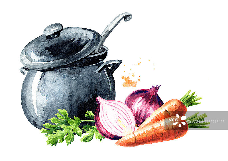 平底锅里放汤和新鲜蔬菜洋葱，胡萝卜和绿色蔬菜。水彩手绘插图，孤立的白色背景图片素材