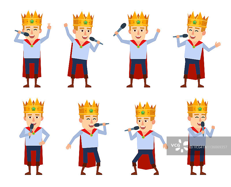 一组年轻的国王角色与麦克风显示不同的行动。中世纪王子欢快的歌声图片素材