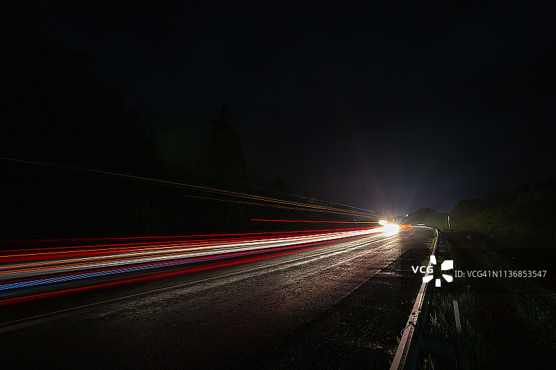 路边的汽车灯在夜间运动的观点图片素材
